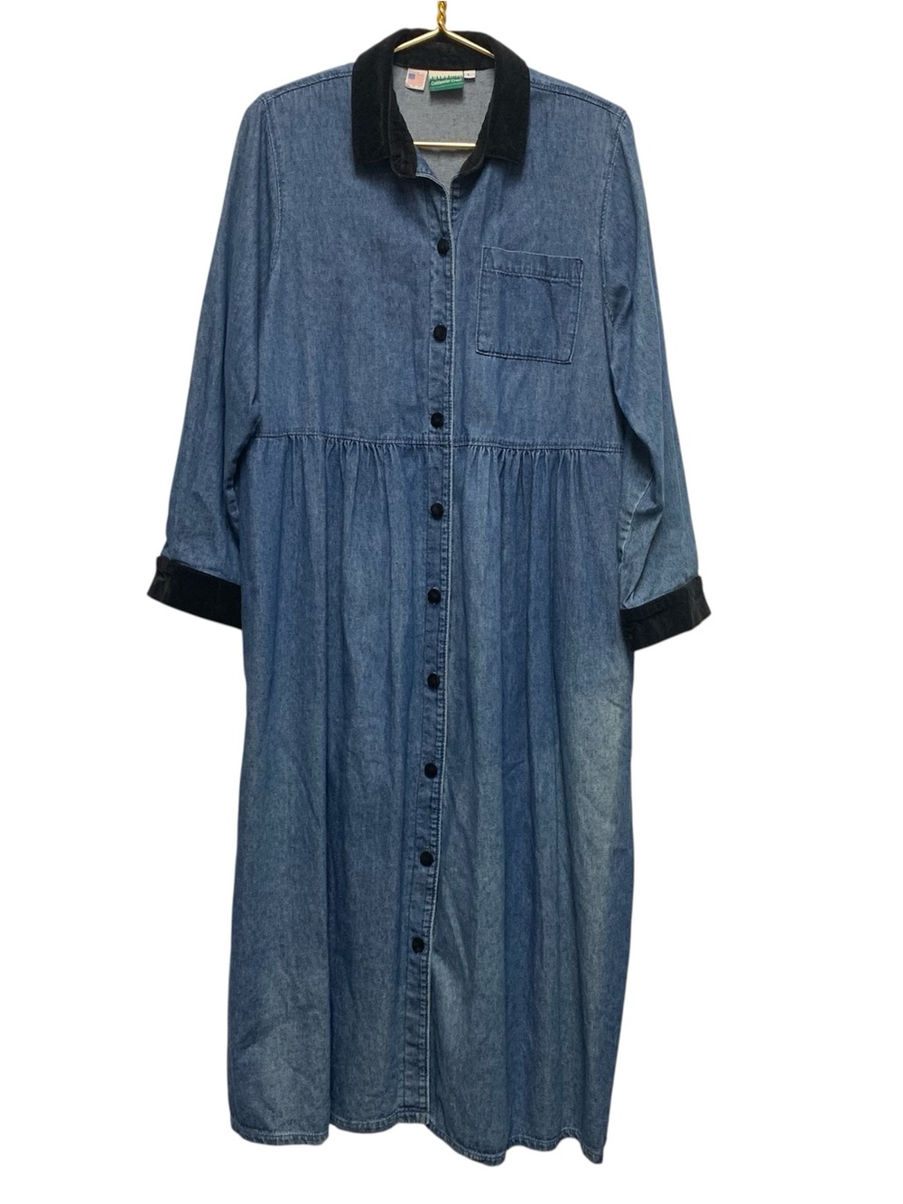 Vintage Coldwater Creek Denim Maxi Dress Size L Velvet Trim Modest Trad Cottage